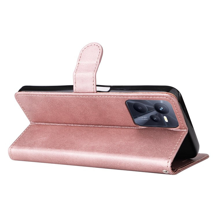 KT Leather Series-2 Solid Color PU Leather Wallet Case for Realme C35, Foldable Stand Cover with Hand Strap - Rose Gold