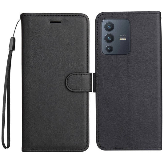 KT Leather Series-2 Leather Stand Phone Casing for vivo V23 5G, Magnetic Clasp Design Leather Wallet Phone Case with Handy Strap - Black
