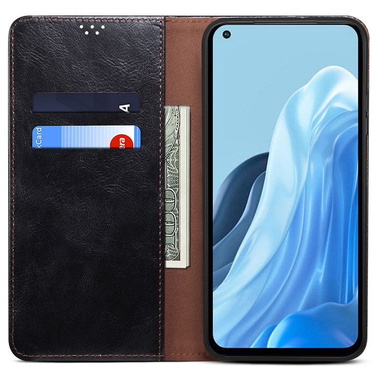 Waxy Crazy Horse Texture Case for Oppo Reno7 4G/F21 Pro 4G, Magnetic Auto-absorbed Shockproof Stand Wallet Style Leather Mobile Phone Cover - Black