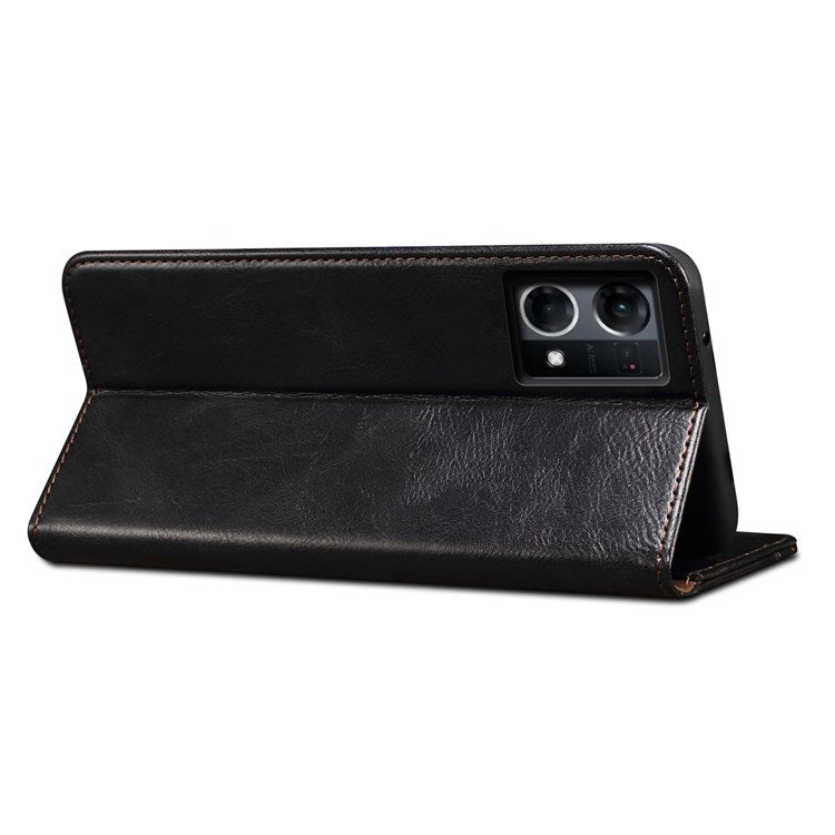 Waxy Crazy Horse Texture Case for Oppo Reno7 4G/F21 Pro 4G, Magnetic Auto-absorbed Shockproof Stand Wallet Style Leather Mobile Phone Cover - Black