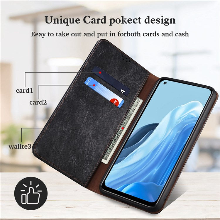 Waxy Crazy Horse Texture Case for Oppo Reno7 4G/F21 Pro 4G, Magnetic Auto-absorbed Shockproof Stand Wallet Style Leather Mobile Phone Cover - Black
