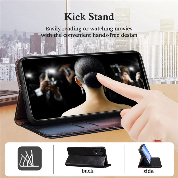 Waxy Crazy Horse Texture Case for Oppo Reno7 4G/F21 Pro 4G, Magnetic Auto-absorbed Shockproof Stand Wallet Style Leather Mobile Phone Cover - Black