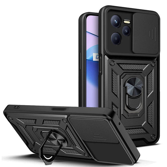 For Realme C35 Slide Camera Protection PC + TPU Ring Kickstand Case Anti-drop Phone Cover - Black