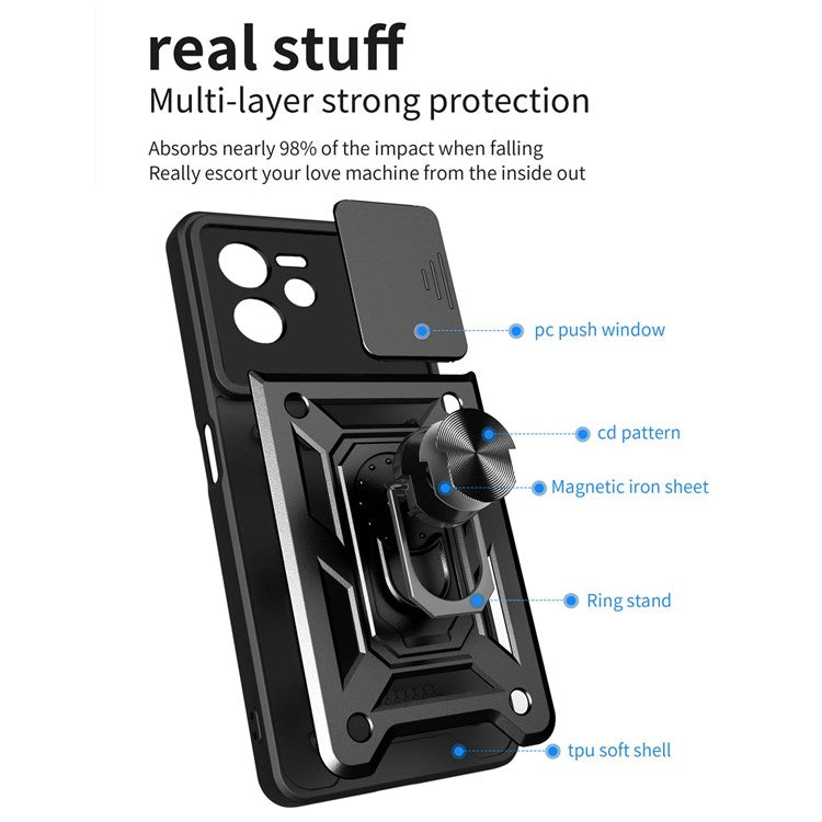 For Realme C35 Slide Camera Protection PC + TPU Ring Kickstand Case Anti-drop Phone Cover - Black