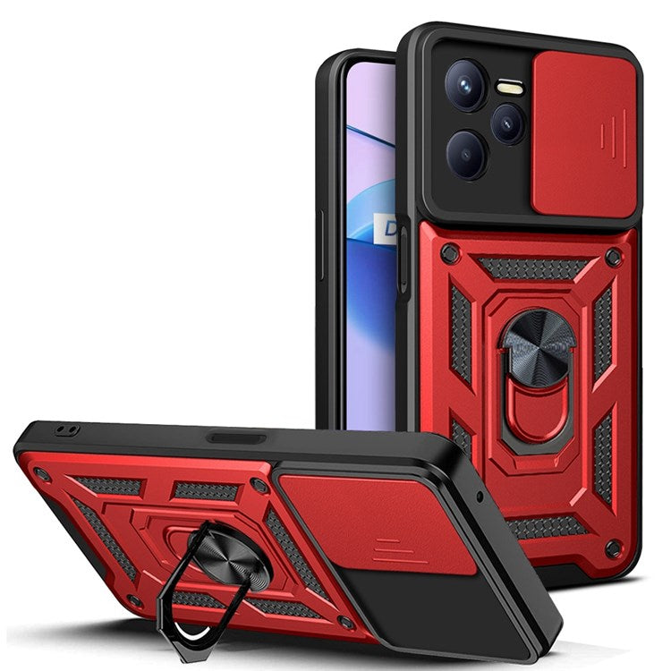 For Realme C35 Slide Camera Protection PC + TPU Ring Kickstand Case Anti-drop Phone Cover - Red