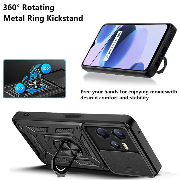 For Realme C35 Slide Camera Protection PC + TPU Ring Kickstand Case Anti-drop Phone Cover - Red