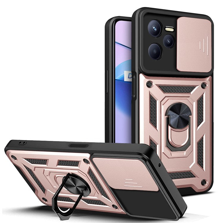 For Realme C35 Slide Camera Protection PC + TPU Ring Kickstand Case Anti-drop Phone Cover - Rose Gold