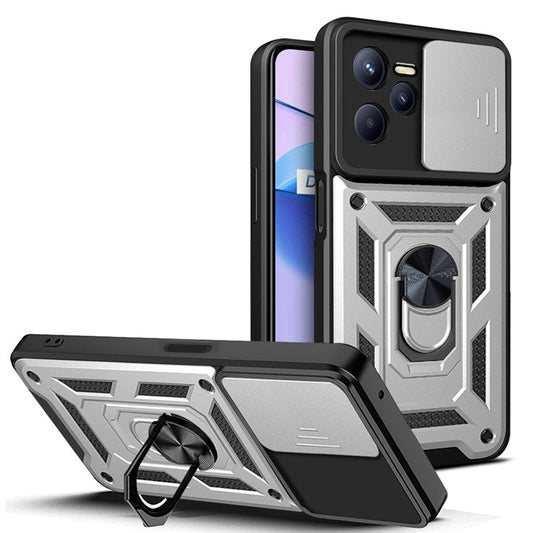 For Realme C35 Slide Camera Protection PC + TPU Ring Kickstand Case Anti-drop Phone Cover - Silver