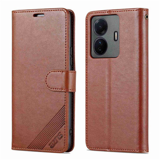 AZNS For vivo S15e 5G Textured Leather Flip Shell Magnetic Closure Stand Wallet 360-degree Protection Folio Cover - Brown