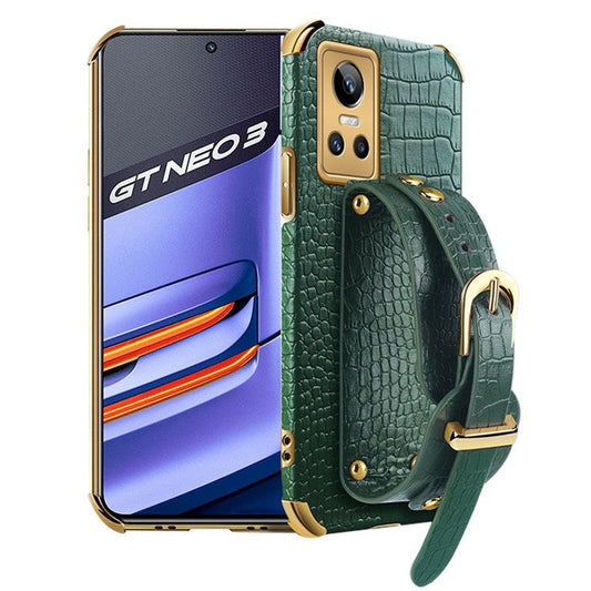 Electroplating Crocodile Texture Anti-scratch Phone Case for Realme GT Neo3, Precise Cutout PU Leather Coated TPU Shell with Hand Strap Kickstand - Green