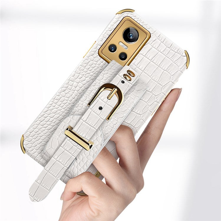 Electroplating Crocodile Texture Anti-scratch Phone Case for Realme GT Neo3, Precise Cutout PU Leather Coated TPU Shell with Hand Strap Kickstand - Green