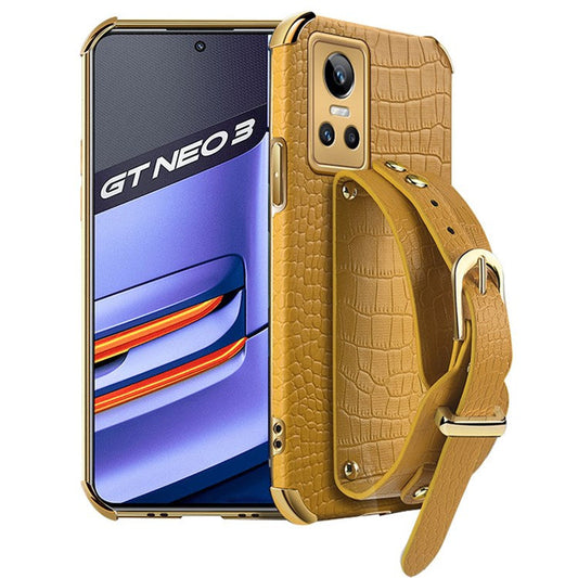 Electroplating Crocodile Texture Anti-scratch Phone Case for Realme GT Neo3, Precise Cutout PU Leather Coated TPU Shell with Hand Strap Kickstand - Yellow