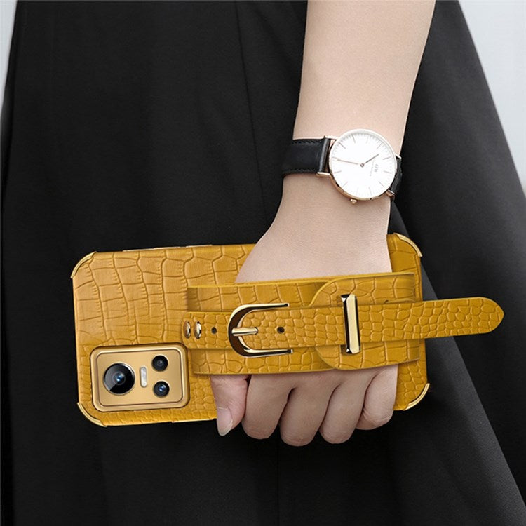 Electroplating Crocodile Texture Anti-scratch Phone Case for Realme GT Neo3, Precise Cutout PU Leather Coated TPU Shell with Hand Strap Kickstand - Yellow