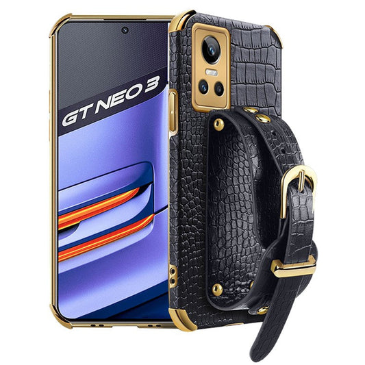 Electroplating Crocodile Texture Anti-scratch Phone Case for Realme GT Neo3, Precise Cutout PU Leather Coated TPU Shell with Hand Strap Kickstand - Black