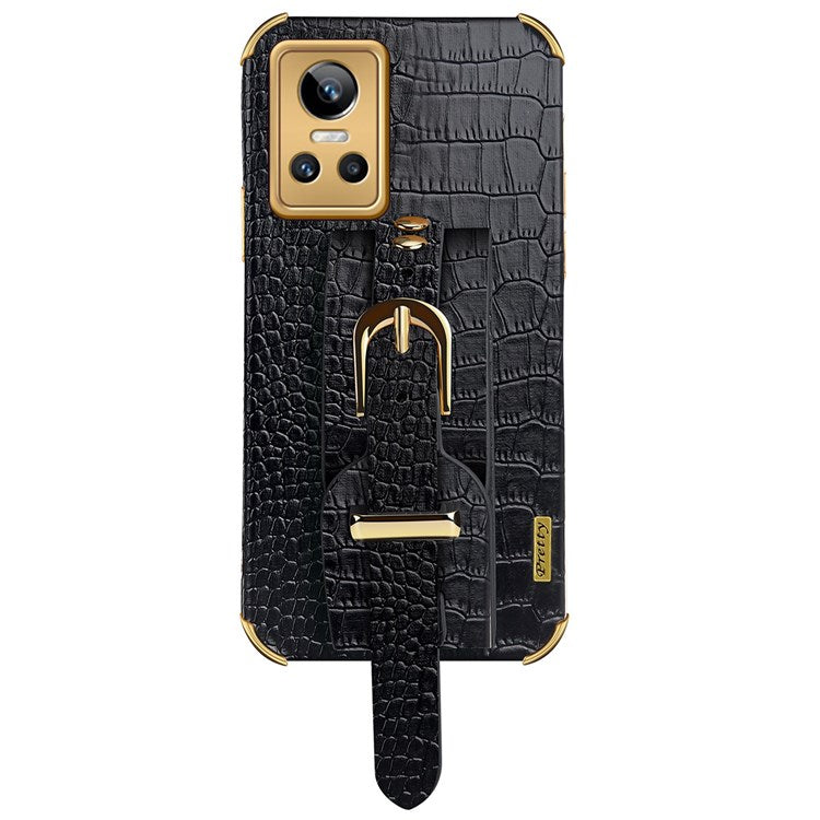 Electroplating Crocodile Texture Anti-scratch Phone Case for Realme GT Neo3, Precise Cutout PU Leather Coated TPU Shell with Hand Strap Kickstand - Black