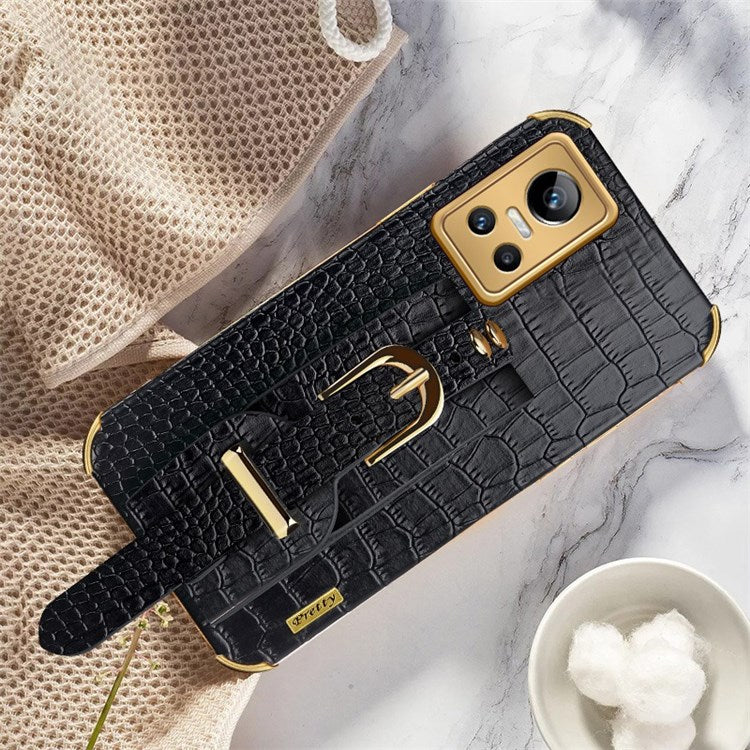 Electroplating Crocodile Texture Anti-scratch Phone Case for Realme GT Neo3, Precise Cutout PU Leather Coated TPU Shell with Hand Strap Kickstand - Black