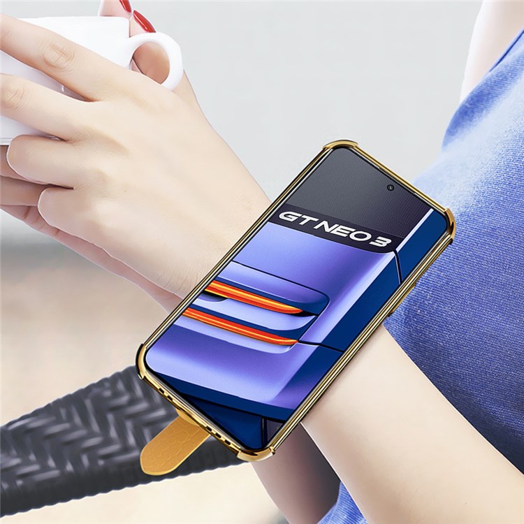 Electroplating Crocodile Texture Anti-scratch Phone Case for Realme GT Neo3, Precise Cutout PU Leather Coated TPU Shell with Hand Strap Kickstand - Black