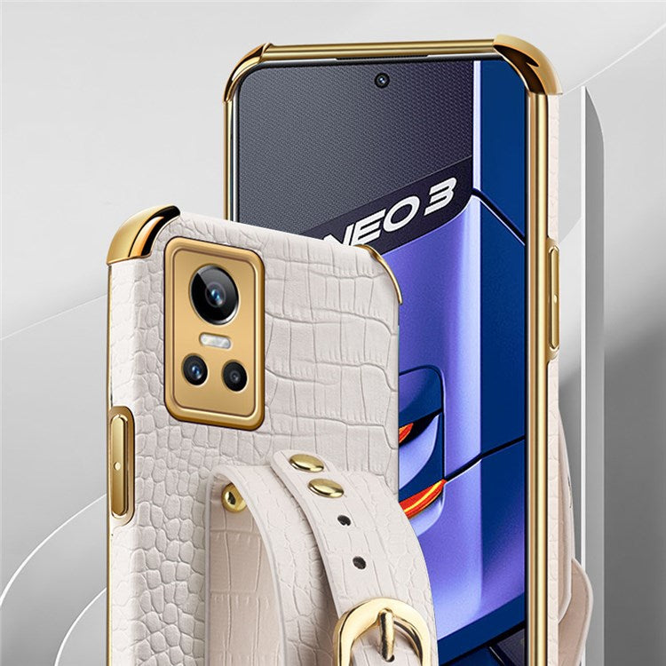 Electroplating Crocodile Texture Anti-scratch Phone Case for Realme GT Neo3, Precise Cutout PU Leather Coated TPU Shell with Hand Strap Kickstand - Black