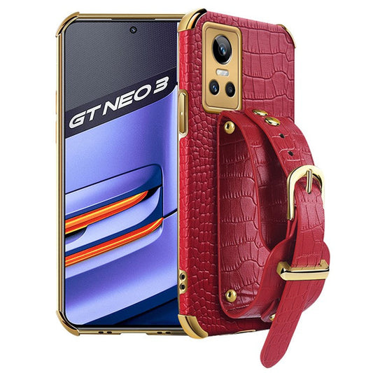 Electroplating Crocodile Texture Anti-scratch Phone Case for Realme GT Neo3, Precise Cutout PU Leather Coated TPU Shell with Hand Strap Kickstand - Red