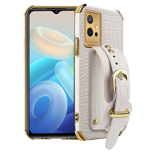 Electroplating Crocodile Texture Phone Case for vivo Y75 5G, Shockproof Precise Cutout PU Leather Coated TPU Shell with Hand Strap Kickstand - White