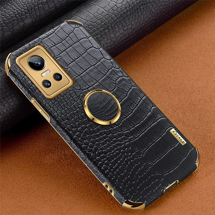 For Realme GT Neo3 Ring Holder Kickstand Case Crocodile Texture Leather Coated TPU 6D Electroplated Shockproof Protective Shell - Black