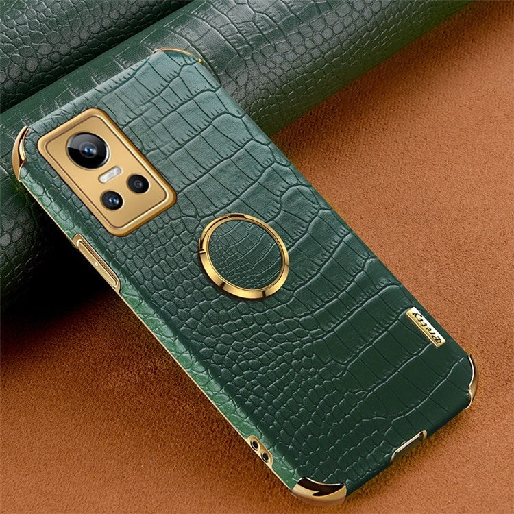 For Realme GT Neo3 Ring Holder Kickstand Case Crocodile Texture Leather Coated TPU 6D Electroplated Shockproof Protective Shell - Green