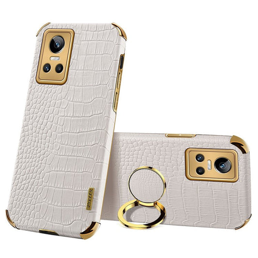 For Realme GT Neo3 Ring Holder Kickstand Case Crocodile Texture Leather Coated TPU 6D Electroplated Shockproof Protective Shell - White