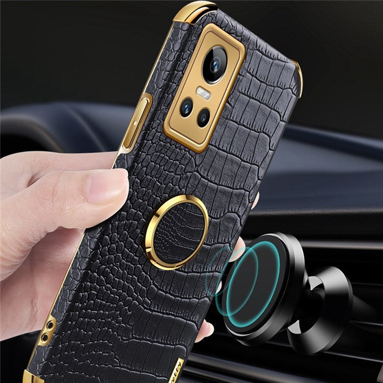 For Realme GT Neo3 Ring Holder Kickstand Case Crocodile Texture Leather Coated TPU 6D Electroplated Shockproof Protective Shell - White