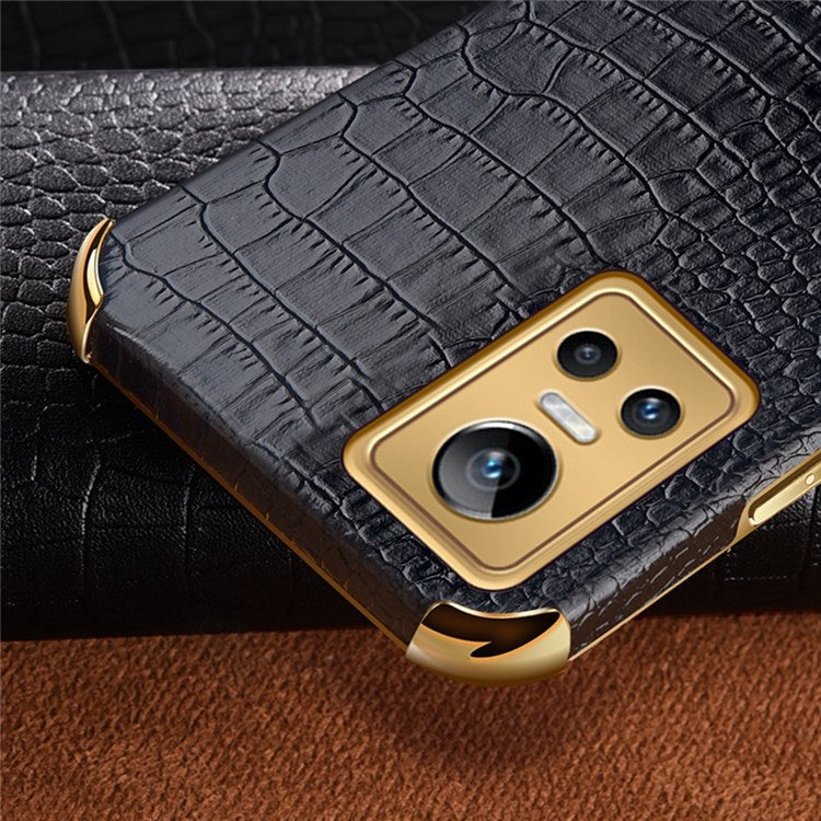 For Realme GT Neo3 Ring Holder Kickstand Case Crocodile Texture Leather Coated TPU 6D Electroplated Shockproof Protective Shell - White