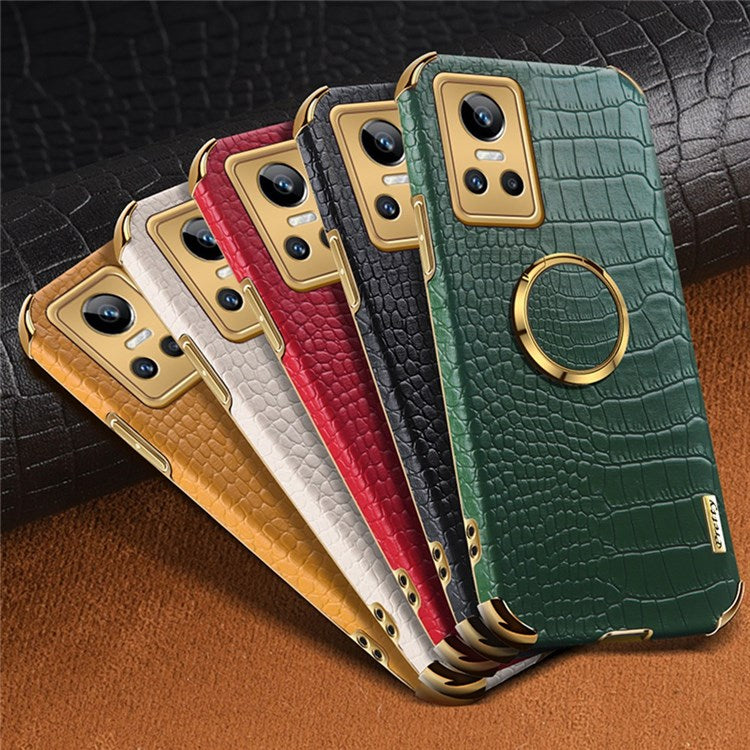 For Realme GT Neo3 Ring Holder Kickstand Case Crocodile Texture Leather Coated TPU 6D Electroplated Shockproof Protective Shell - White