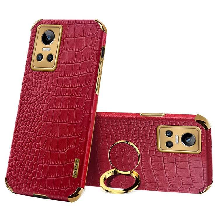 For Realme GT Neo3 Ring Holder Kickstand Case Crocodile Texture Leather Coated TPU 6D Electroplated Shockproof Protective Shell - Red