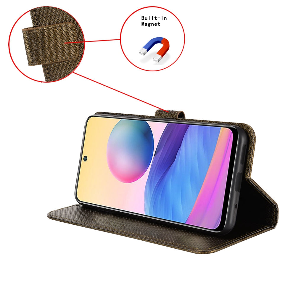 For vivo X Fold Phone Protective Case Diamond Texture Cover Stand Scratch Resistant PU Leather Wallet Soft Shell with Wrist Strap - Brown