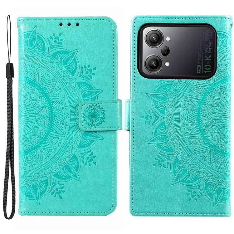 Protective Case for Oppo K10 Pro 5G Imprinted Mandala Flower Pattern Folio Flip Cover PU Leather Anti-drop Wallet Case with Strap - Green