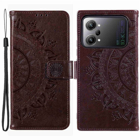 Protective Case for Oppo K10 Pro 5G Imprinted Mandala Flower Pattern Folio Flip Cover PU Leather Anti-drop Wallet Case with Strap - Brown