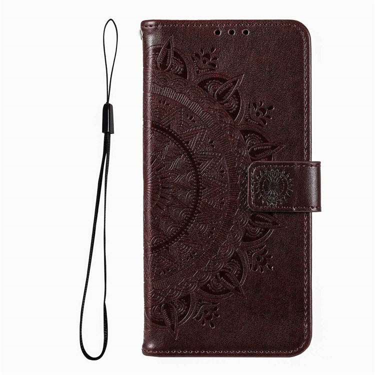 Protective Case for Oppo K10 Pro 5G Imprinted Mandala Flower Pattern Folio Flip Cover PU Leather Anti-drop Wallet Case with Strap - Brown