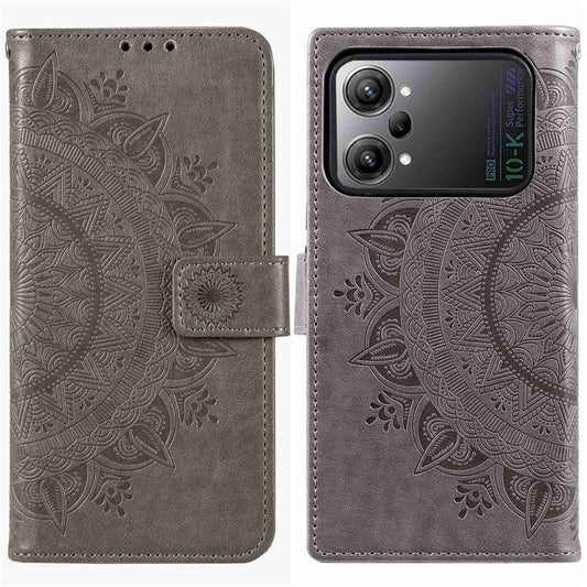 Protective Case for Oppo K10 Pro 5G Imprinted Mandala Flower Pattern Folio Flip Cover PU Leather Anti-drop Wallet Case with Strap - Grey