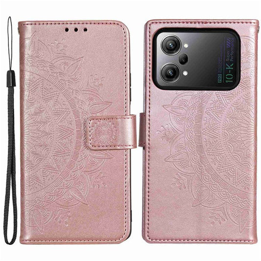 Protective Case for Oppo K10 Pro 5G Imprinted Mandala Flower Pattern Folio Flip Cover PU Leather Anti-drop Wallet Case with Strap - Rose Gold