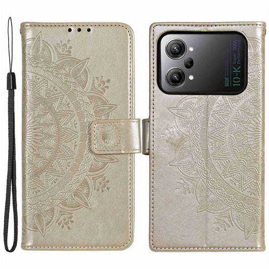 Protective Case for Oppo K10 Pro 5G Imprinted Mandala Flower Pattern Folio Flip Cover PU Leather Anti-drop Wallet Case with Strap - Gold