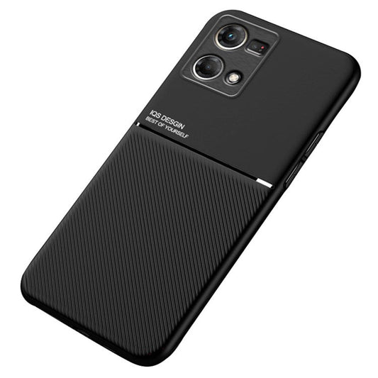 Protective Phone Case for Oppo Reno7 4G Anti-scratch Anti-fall Lines Imprinted PU Leather TPU Shell with Built-in Metal Sheet - Black