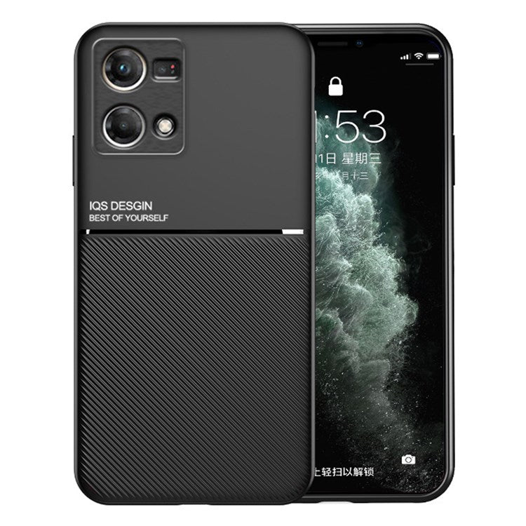 Protective Phone Case for Oppo Reno7 4G Anti-scratch Anti-fall Lines Imprinted PU Leather TPU Shell with Built-in Metal Sheet - Black