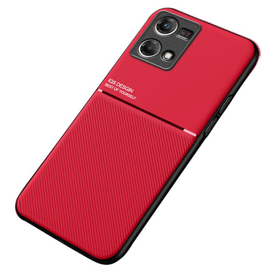Protective Phone Case for Oppo Reno7 4G Anti-scratch Anti-fall Lines Imprinted PU Leather TPU Shell with Built-in Metal Sheet - Red