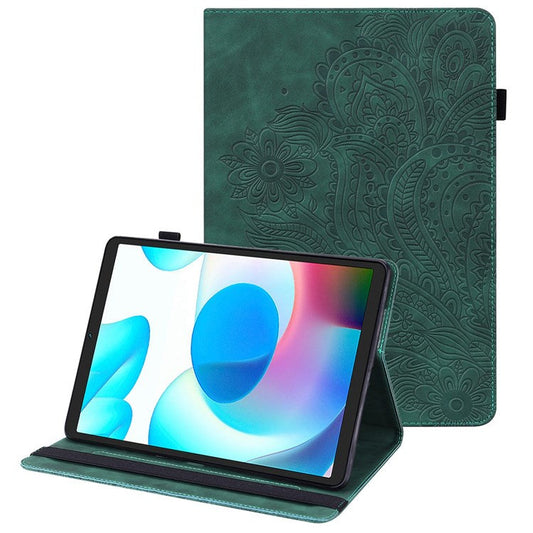 Imprinting Flower Leather Case for Realme Pad Mini, Full Protection Auto Wake/Sleep Tablet Cover with Card Holder Stand - Green