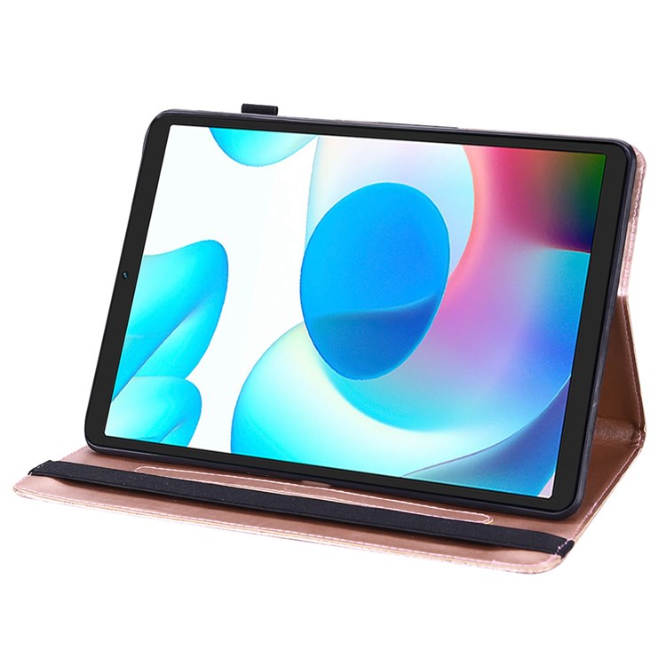 Imprinting Flower Leather Case for Realme Pad Mini, Full Protection Auto Wake/Sleep Tablet Cover with Card Holder Stand - Rose Gold