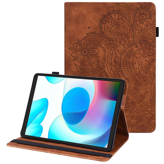 Imprinting Flower Leather Case for Realme Pad Mini, Full Protection Auto Wake/Sleep Tablet Cover with Card Holder Stand - Brown
