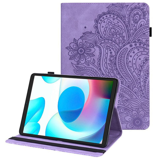 Imprinting Flower Leather Case for Realme Pad Mini, Full Protection Auto Wake/Sleep Tablet Cover with Card Holder Stand - Purple