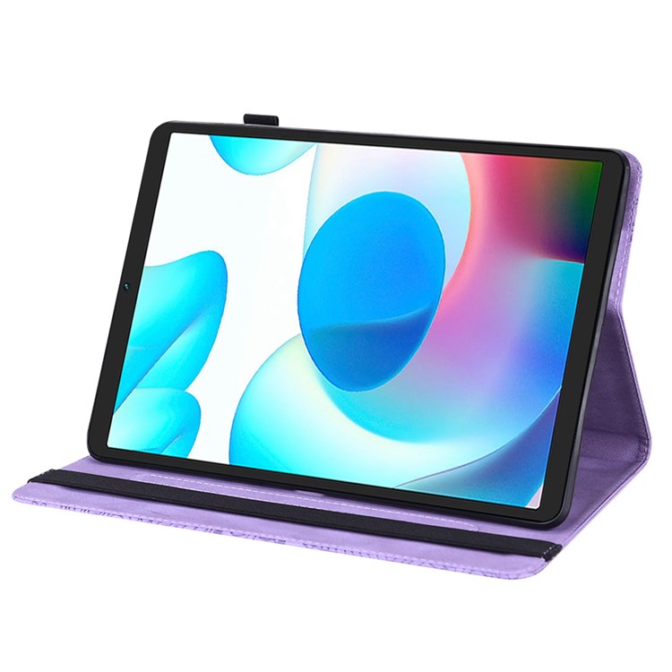 Imprinting Flower Leather Case for Realme Pad Mini, Full Protection Auto Wake/Sleep Tablet Cover with Card Holder Stand - Purple