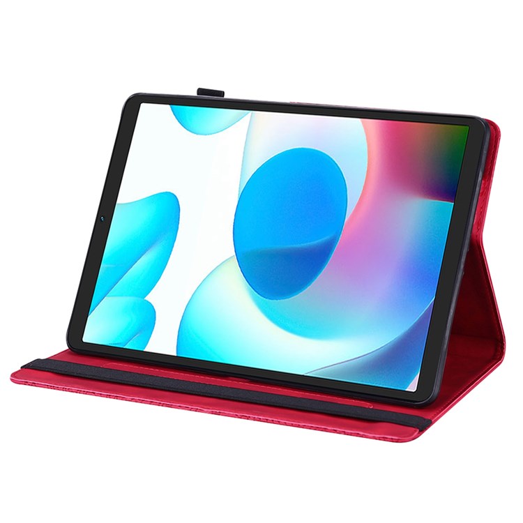 Imprinting Flower Leather Case for Realme Pad Mini, Full Protection Auto Wake/Sleep Tablet Cover with Card Holder Stand - Red