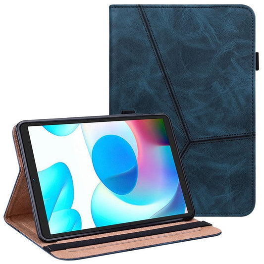 Card Holder Stand Tablet Case for Realme Pad Mini, Line Imprinted Shockproof PU Leather Elastic Band Protective Cover - Blue