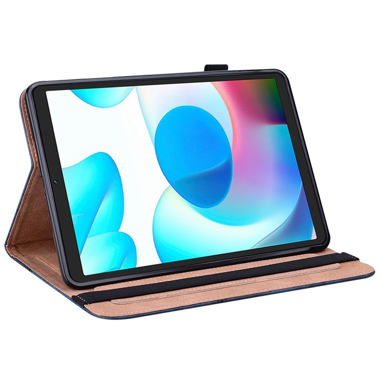 Card Holder Stand Tablet Case for Realme Pad Mini, Line Imprinted Shockproof PU Leather Elastic Band Protective Cover - Blue