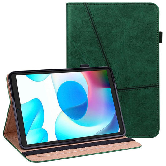 Card Holder Stand Tablet Case for Realme Pad Mini, Line Imprinted Shockproof PU Leather Elastic Band Protective Cover - Green